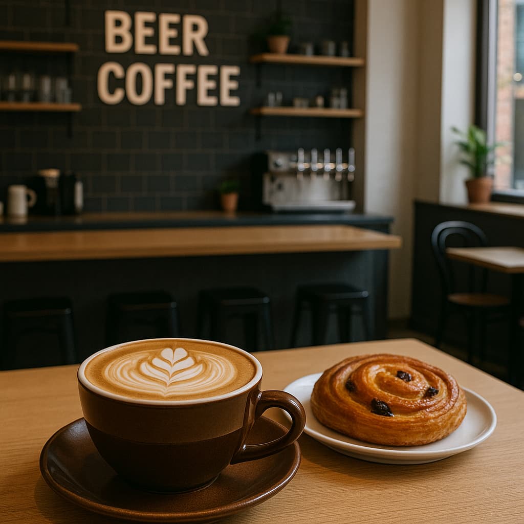 Ly cà phê latte nghệ thuật và bánh ngọt